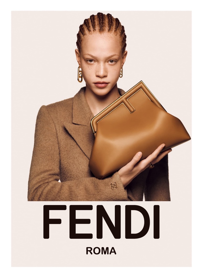 Tianna St. Louis poses with the Fendi First bag for Fendi fall-winter 2021 campaign.