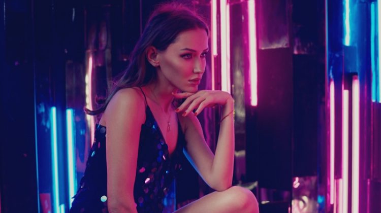 Model Sequin Dress Club Neon Lights