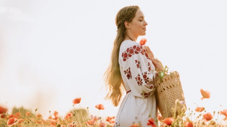 Woman Embroidered National Dress Field Outdoors