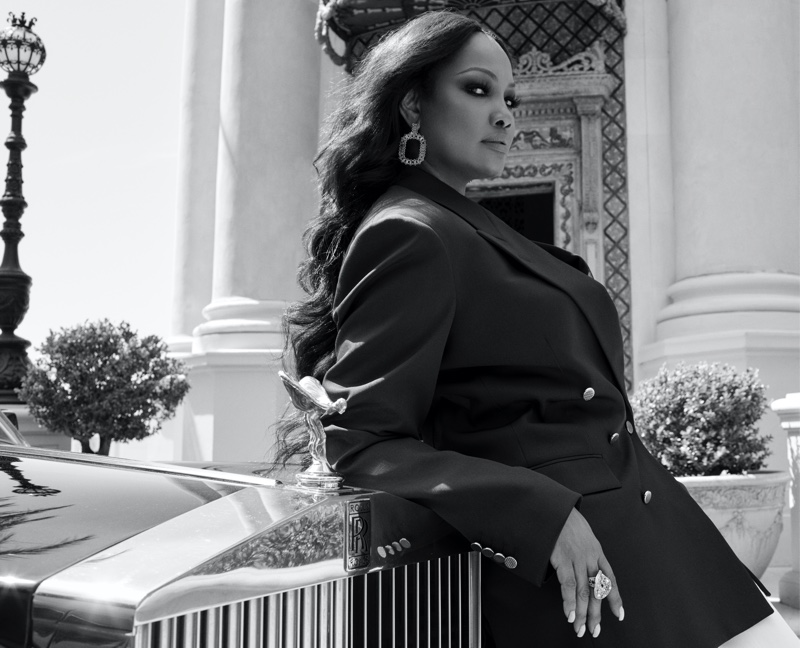 Striking a pose in black and white, Garcelle Beauvais wears Garcelle x Roni Blanshay jewelry collection. Photo courtesy