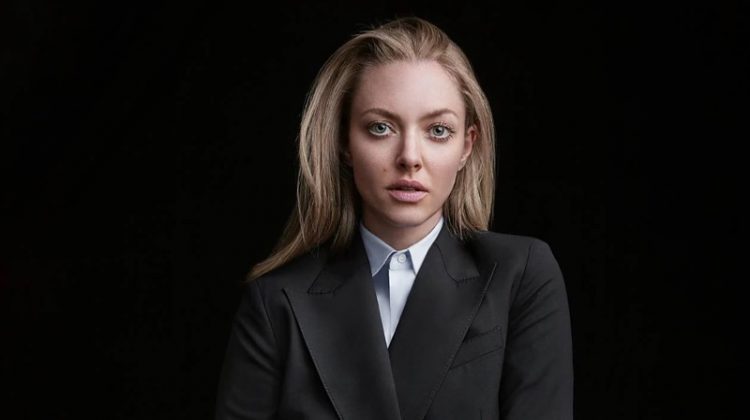 Amanda Seyfried suits up in Theory double-breasted blazer style for the brand’s fall 2021 campaign.