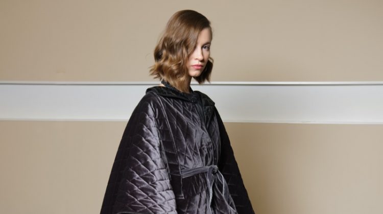 Model Velvet Quilted Cape Poncho Boots Outfit