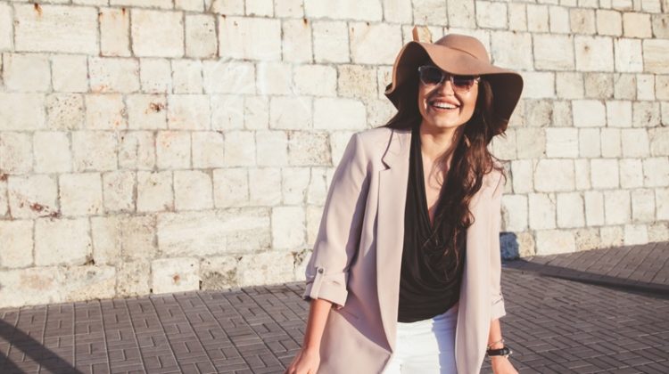 Plus Size Model Blazer Hat White Jeans Black Top