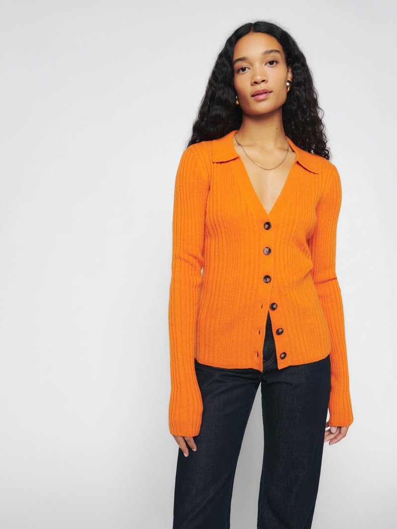 Reformation Centro Cashmere Ribbed Collared Sweater in Nectarine $248