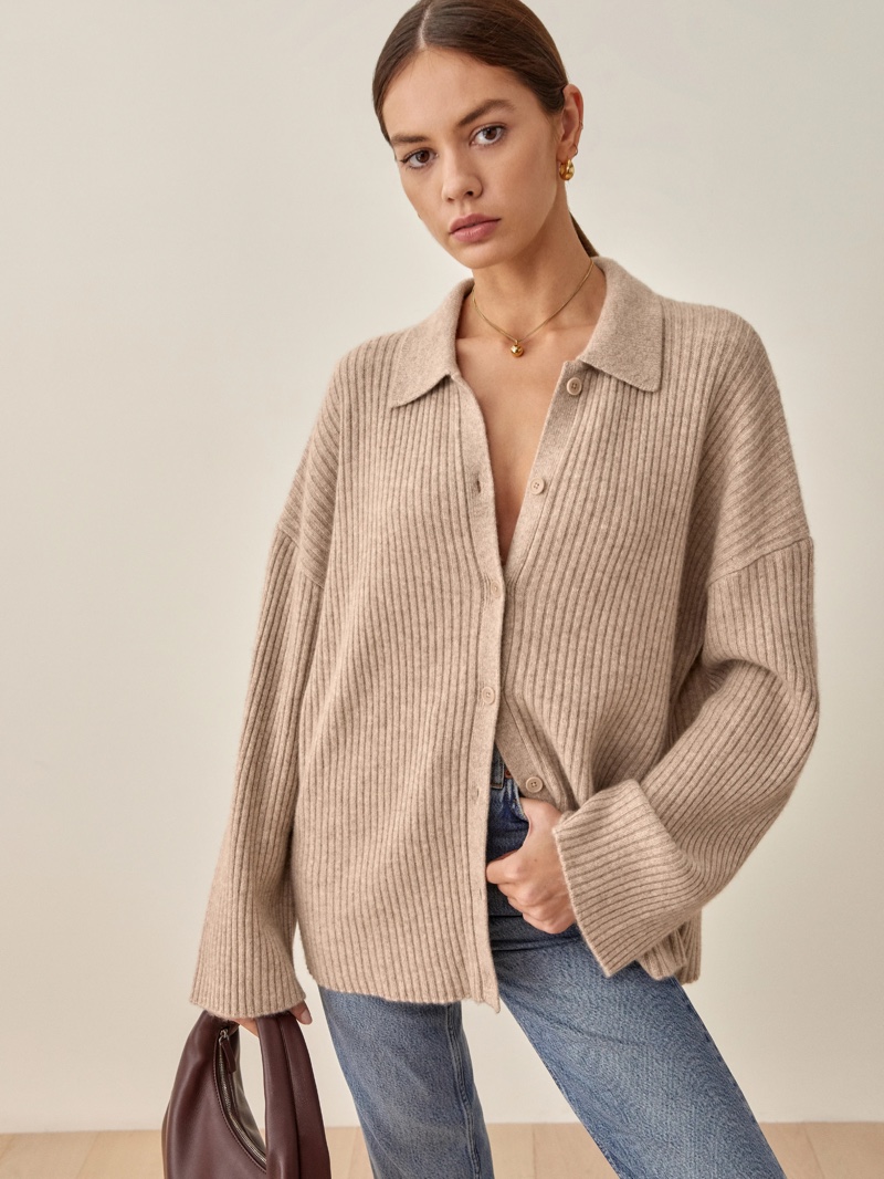 Reformation Fantino Cashmere Collared Cardigan in Oatmeal $248