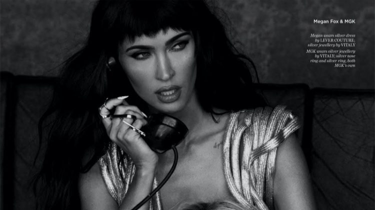 Captured in black and white, Megan Fox wears Lever Couture dress and Vitaly jewelry. Machine Gun Kelly also wears Vitaly jewelry. Photo: Daniella Midenge