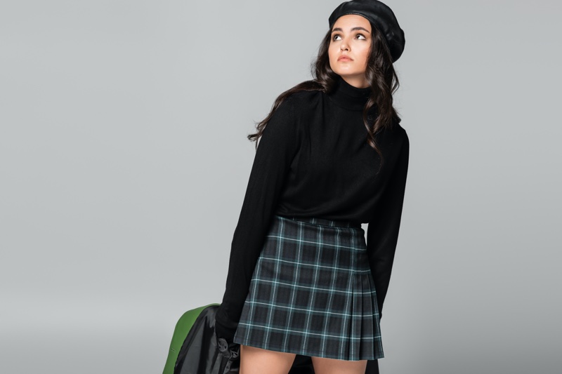 Model Black Turtleneck Plaid Skirt Beret Outfit