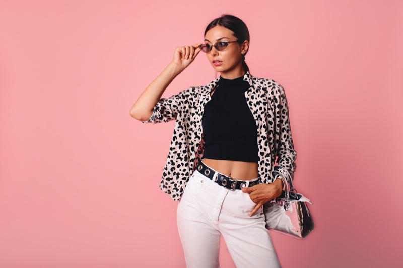 Model Printed Open Shirt Belt Crop Top White Pants