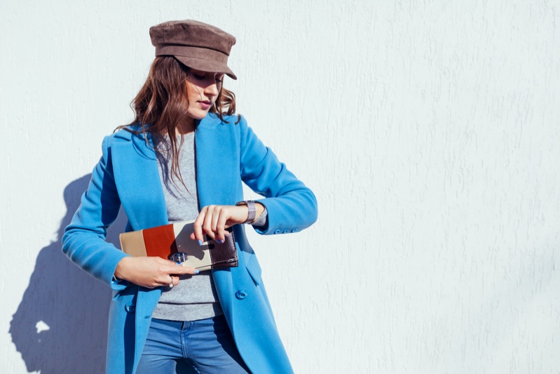 Woman Blue Coat Colorblock Bag Hat