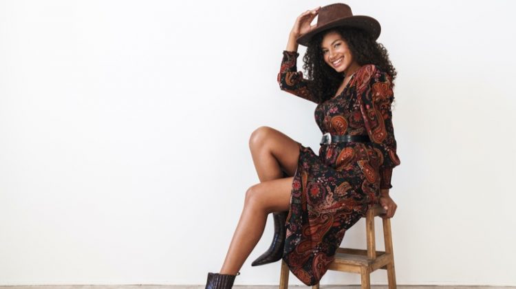 Black Woman Boho Print Dress Hat Boots