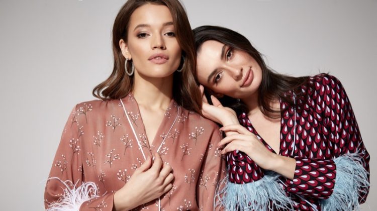 Two Models Printed Pajama Tops Feathers