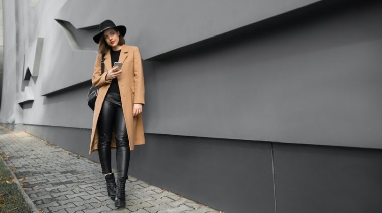 Woman Brown Coat Leather Pants Combat Boots