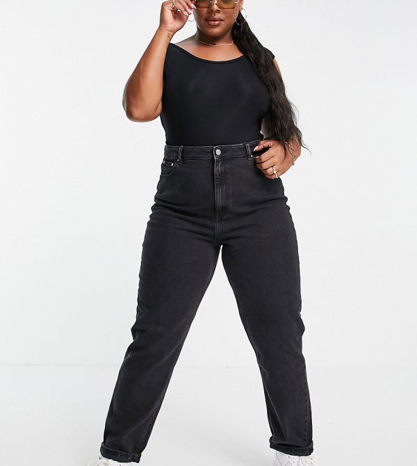ASOS DESIGN Curve high rise farleigh ‘slim’ mom jeans in washed black ...