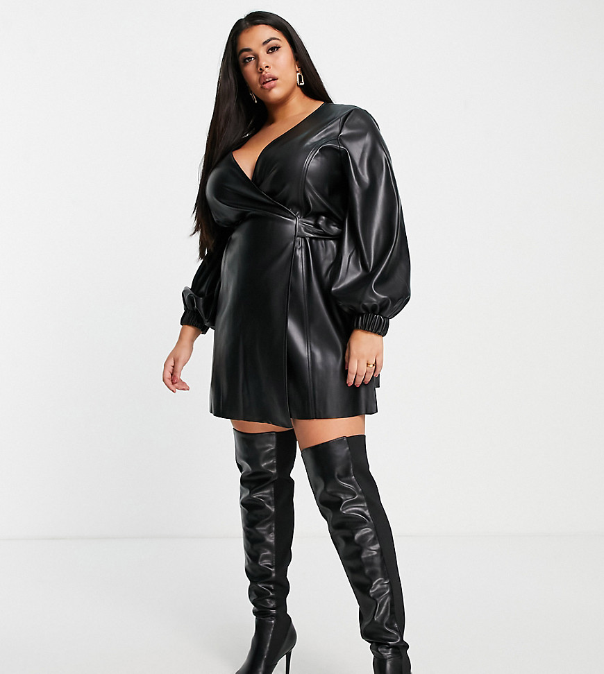 ASOS DESIGN Curve leather look belted wrap mini dress in black ...