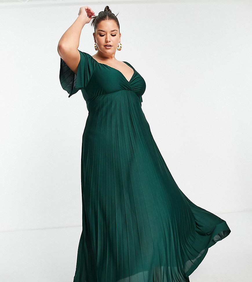 ASOS DESIGN Curve pleated twist back cap sleeve maxi dress in forest ...