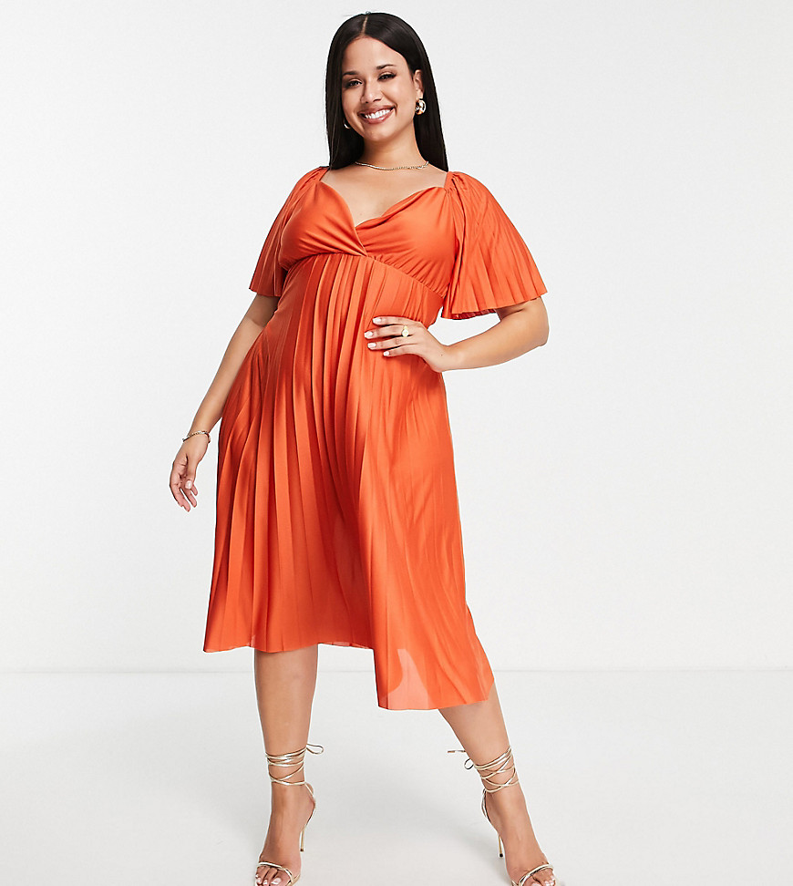 asos design curve pleated twist back cap sleeve midi dress