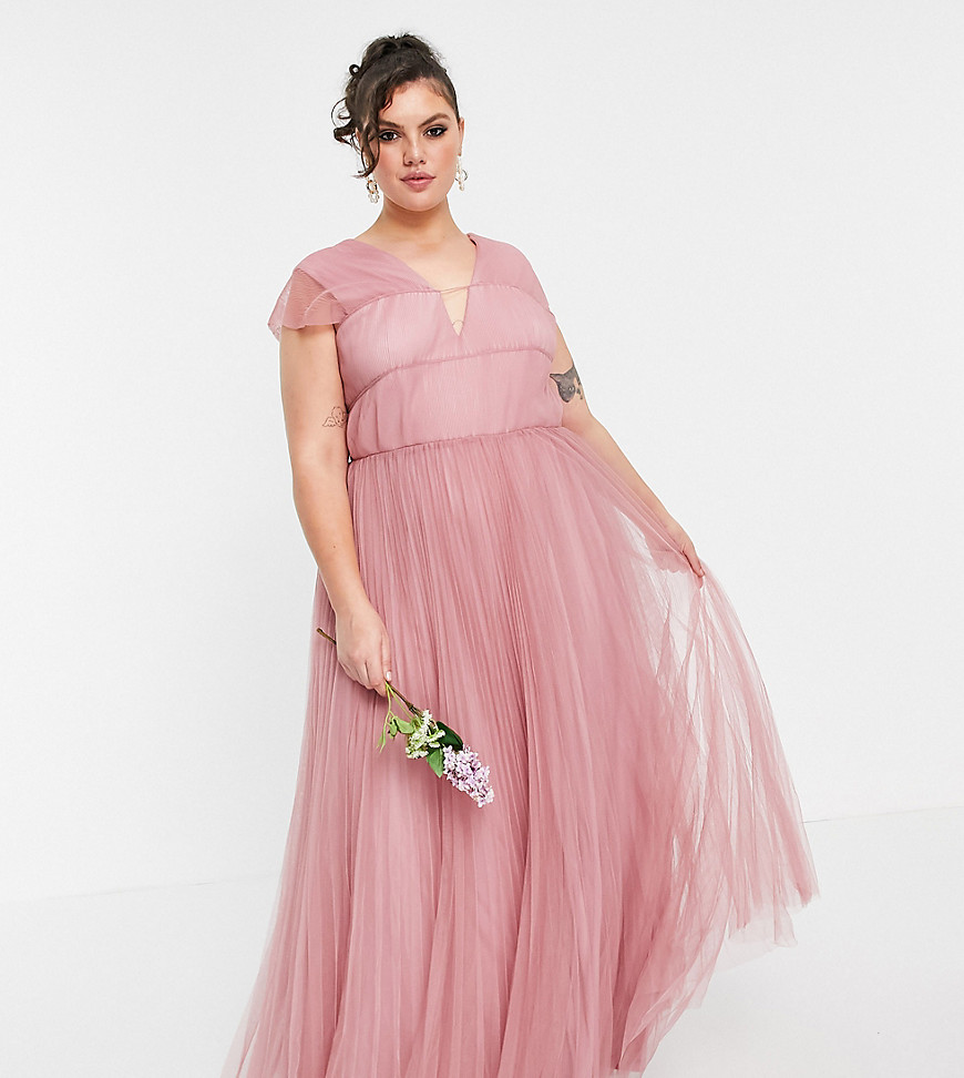 Asos Design Curve Tulle Plunge Maxi Dress With Shirred Sleeves In Rose Pink Fashion Gone Rogue 4734