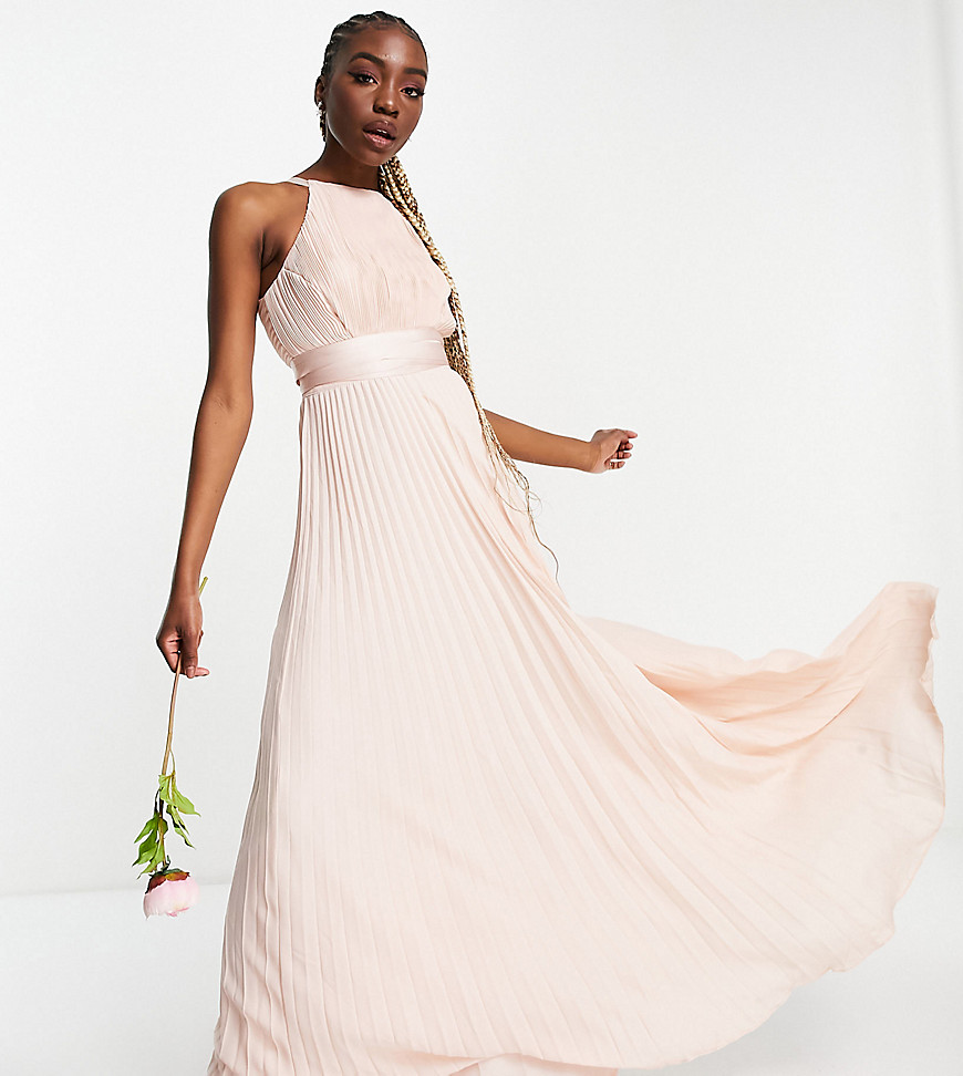 Asos Design Tall Bridesmaid Pleated Pinny Maxi Dress With Satin Wrap Waist Pink Fashion Gone Rogue 1304