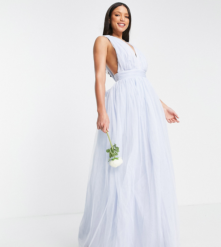 ASOS DESIGN Tall tulle plunge maxi dress with bow back detail in powder ...