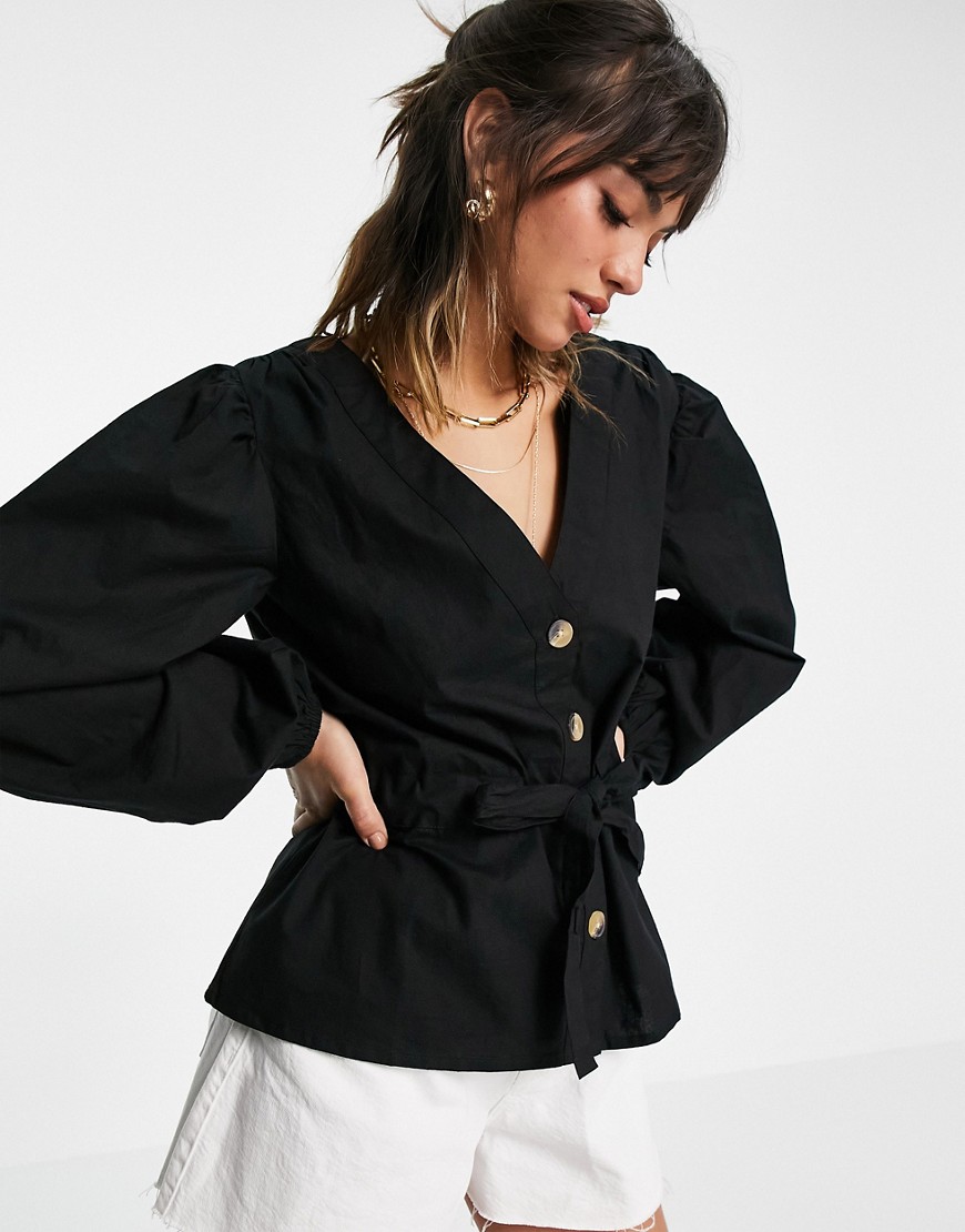 ASOS DESIGN cotton button through top with tie waist in black | Fashion ...