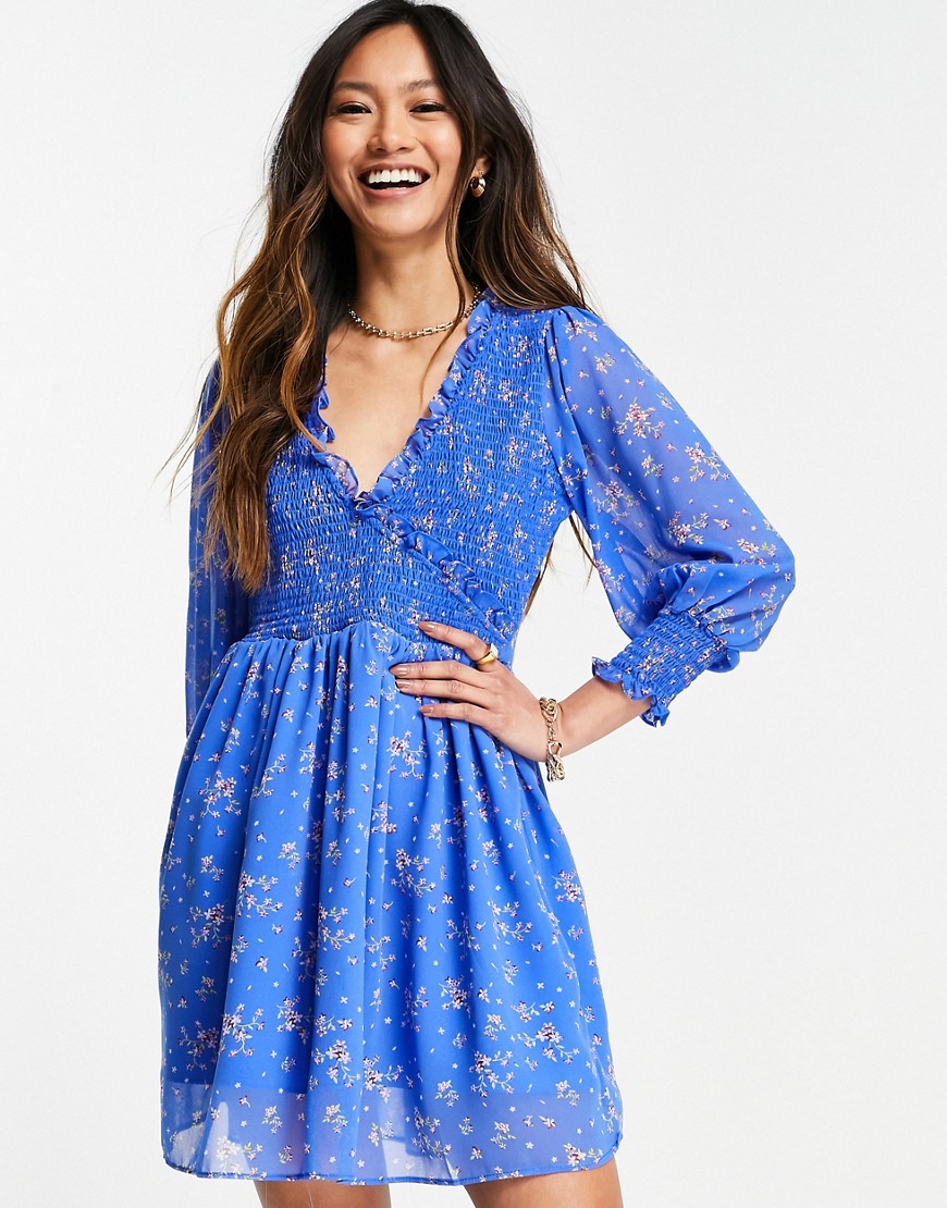 ASOS DESIGN mini smock dress with shirred cuffs in blue floral print ...