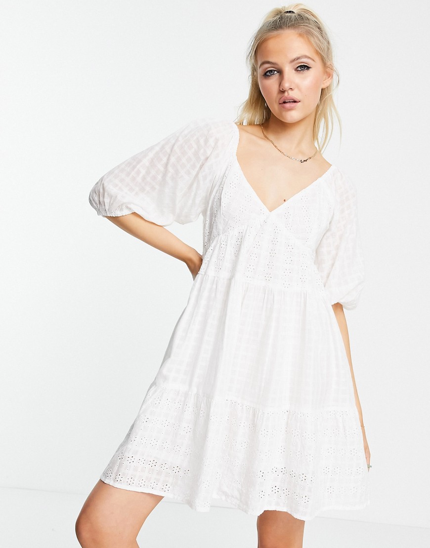 ASOS DESIGN mixed broderie tiered mini babydoll dress in white ...