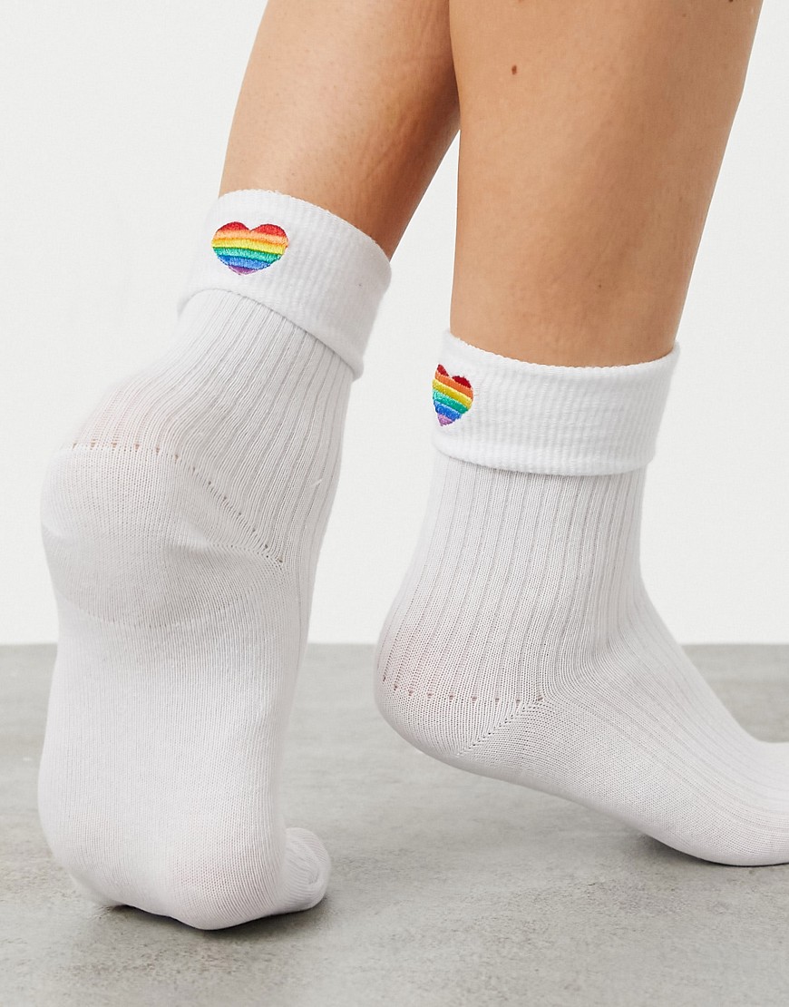 ASOS DESIGN rib fold top ankle sock with rainbow heart-White | Fashion ...