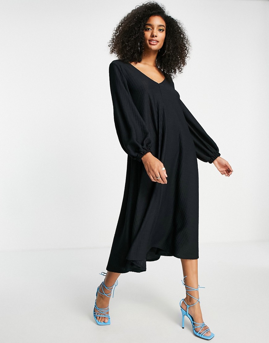 ASOS DESIGN textured smock midi dress with v neck in black | Fashion ...