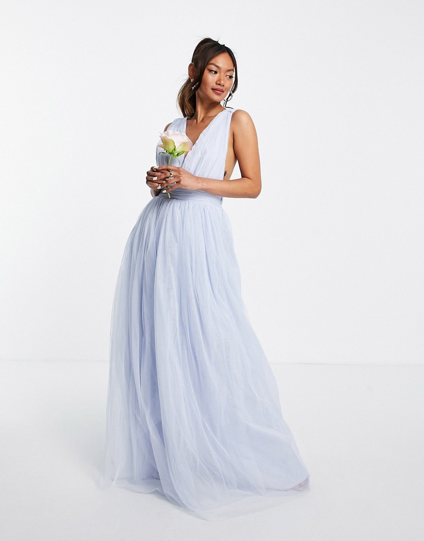 ASOS DESIGN tulle plunge maxi dress with bow back detail in powder blue ...