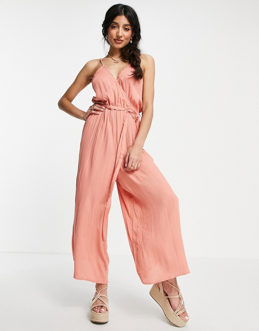 ASOS DESIGN wrap front cami culotte trim jumpsuit in rust-Brown ...