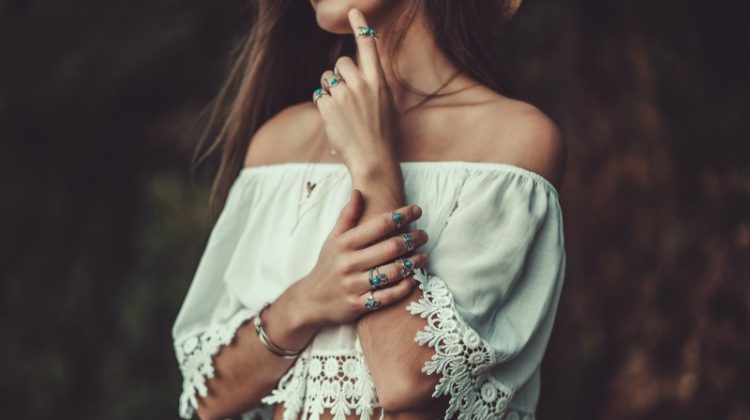 Cropped Woman Off Shoulder Top Bracelet Rings