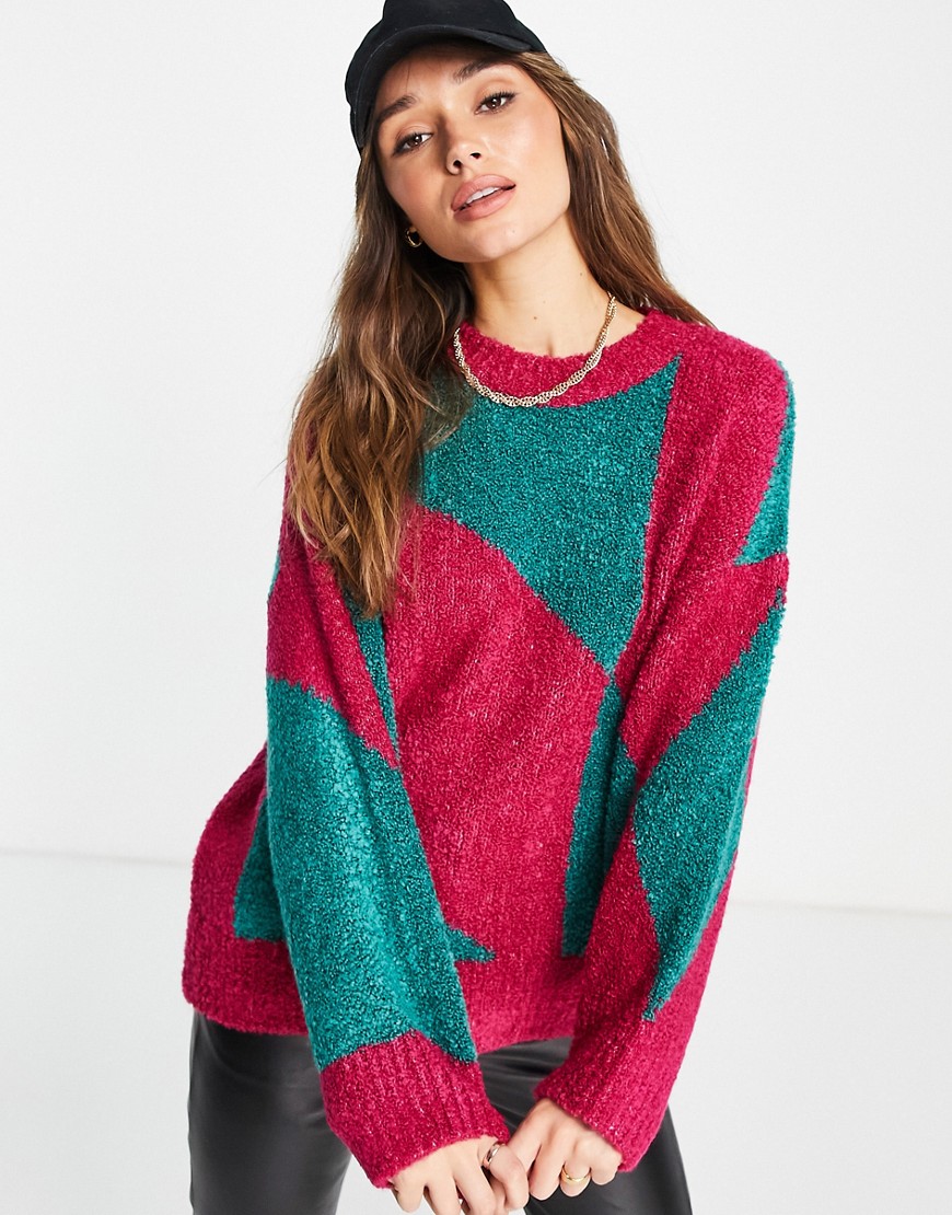 Topshop knitted argyle boucle sweater in fushia and green-Multi ...