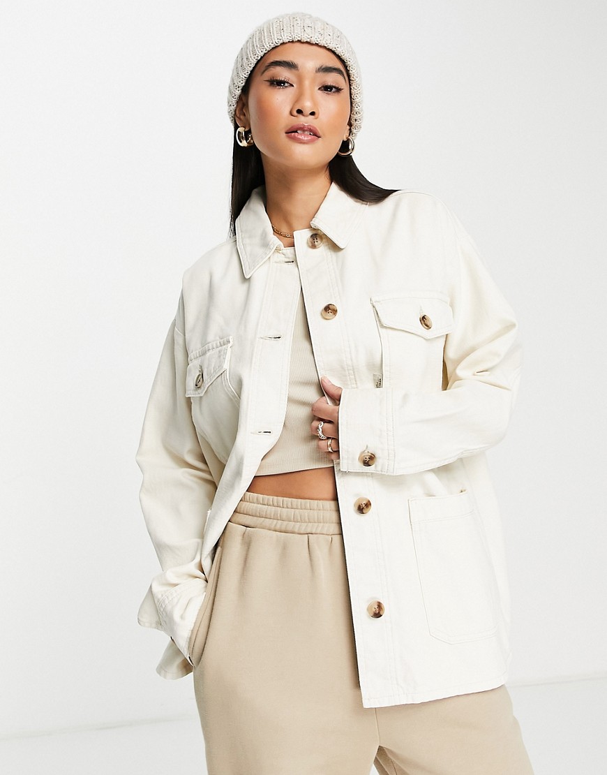 Topshop oversized lightweight shacket with woven label in ecru-White ...