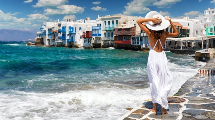 Woman White Dress Hat Mykonos Back