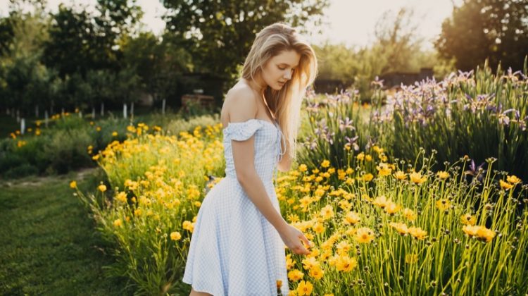 Gingham Dress Model Golden Hour Yellow Flowers