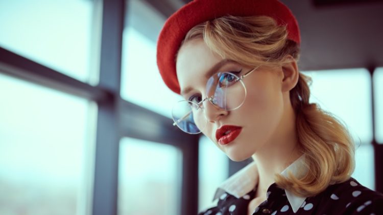 Blonde Model Red Beret Eyeglasses Lipstick