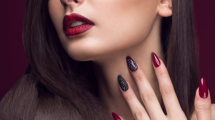 Cropped Model Red Glitter Nails Beauty