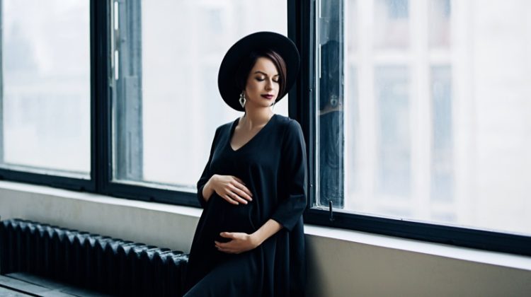 Woman Maternity Outfit Black Hat Dress Chic