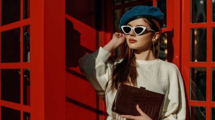 Red Booth Cat Eye Sunglasses Sweater Beret Bag