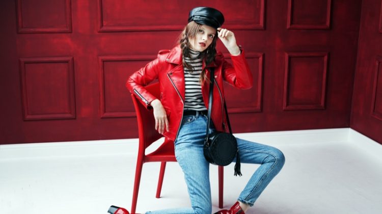 Red Leather Jacket Striped Shirt Jeans Boots