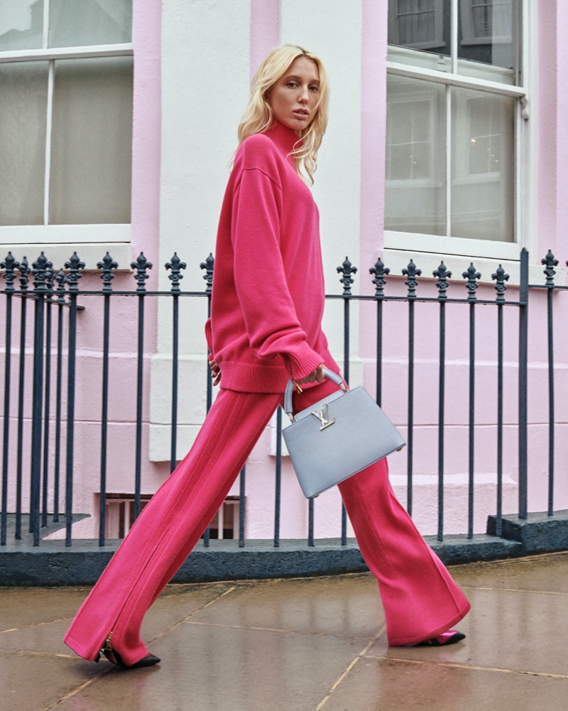 Olympia of Greece Models Louis Vuitton's Capucines Bag in London
