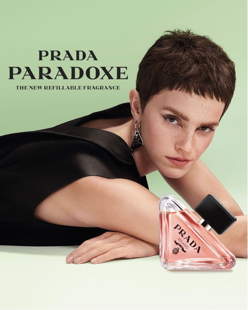 Emma Watson Celebrates Prada Paradoxe Fragrance in Lace Dress and