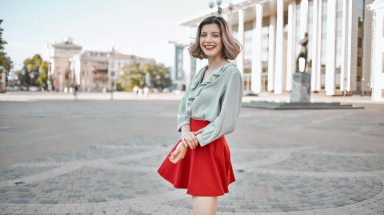 Happy Model Blue Blouse Red Mini Skirt