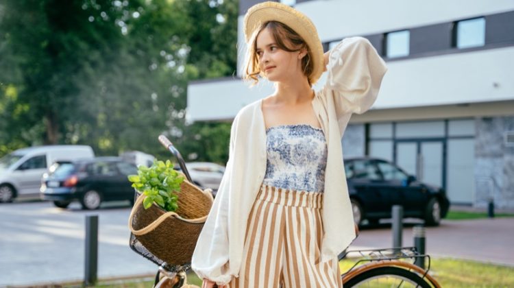 Model Bicycle Hat Cardigan Striped Pants Basket