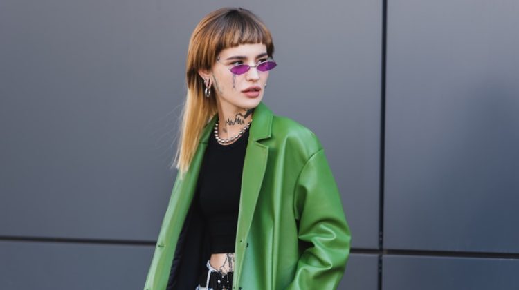 Tattooed Woman Sunglasses Green Leather Jacket Crop Top