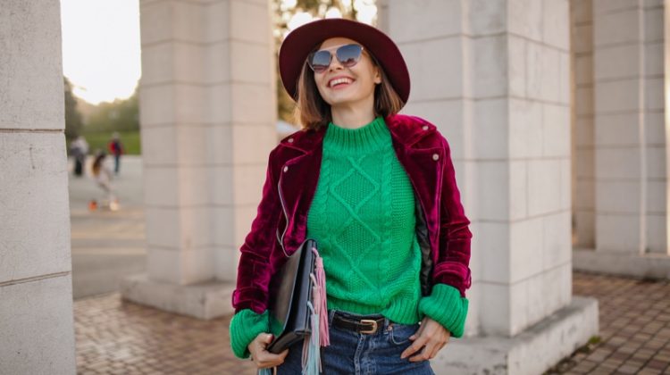 Woman Velvet Jacket Green Sweater Hat Sunglasses