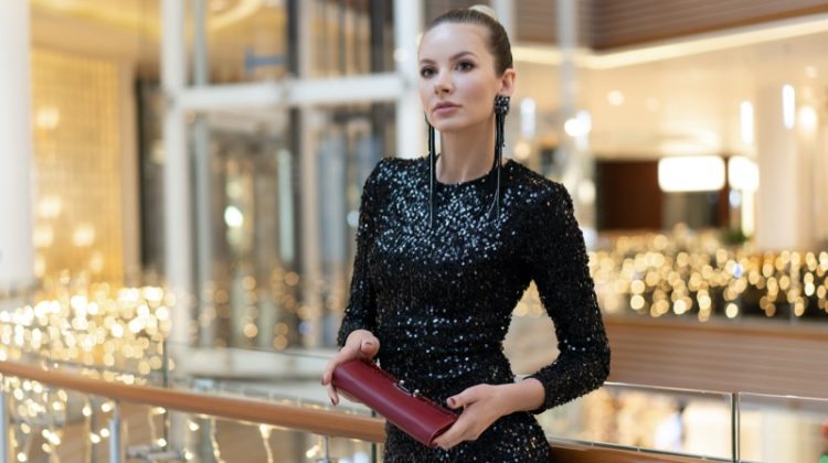 Model Sequin Dress Red Clutch Bag