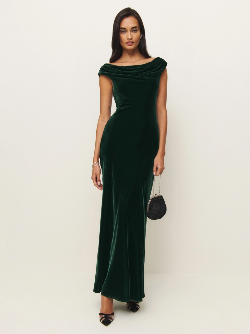 Reformation Elvie Velvet Dress in Forest $348