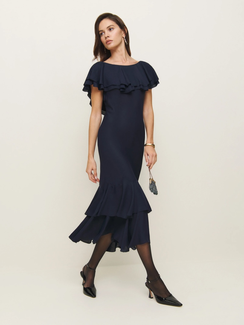 Reformation Rivera Dress in Navy $328