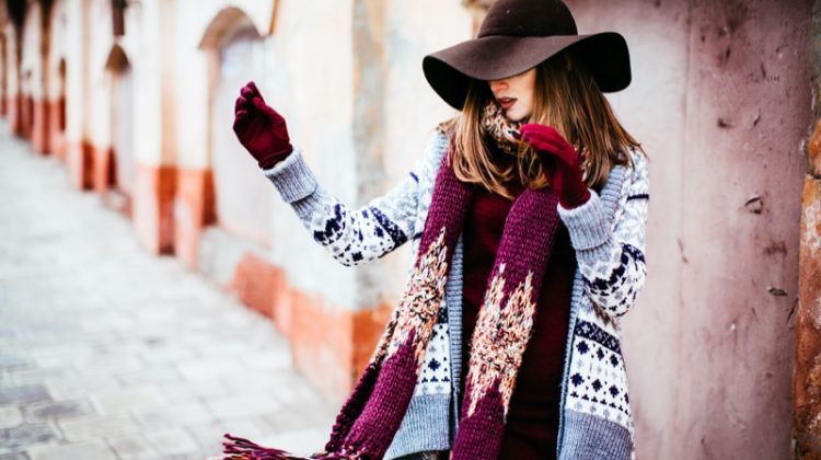 woman colorful scarf winter knit jacket